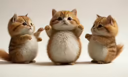 three small brown and white cats in front of a white background