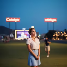 a woman standing in the grass in front of scoreboards