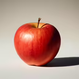 an apple is sitting upright on a gray surface