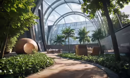 the atrium area in an architectural building surrounded by greenery and trees