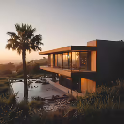 an image of a modern house with a pool at sunset