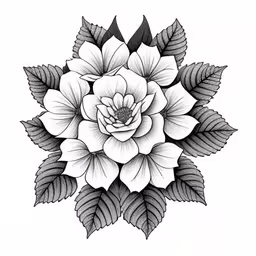 a large white rose with leaves in the center,a black and white flower tattoo design
