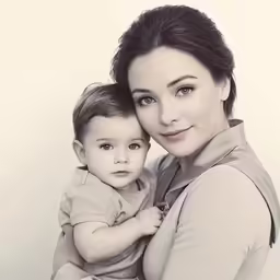 a woman holding a baby while standing in a studio