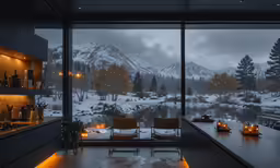 the large window looks out onto a snowy mountain landscape