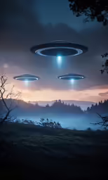 two aliens floating over trees and grass during sunset