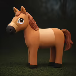 a brown and black toy horse standing on grass