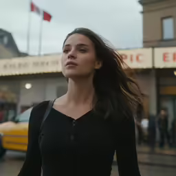 a beautiful young woman walking down the street