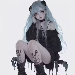 a girl dressed up in goth clothing sitting on the floor