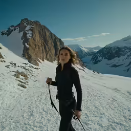 a woman walking with skis on a snowy field