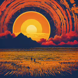 this is a photo of a sunset over a beach,some people on a field and a yellow sunset