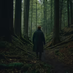 the man is walking through the wooded area