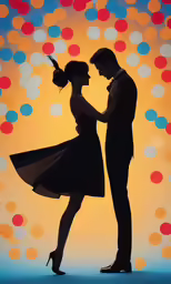 a couple in a dance pose against a brightly colored backdrop