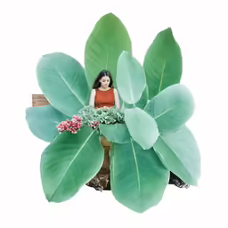 a woman standing behind a giant plant