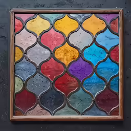 a painting with colorful colors is displayed in a square frame