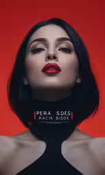 a woman with black hair and red lipstick is wearing a halter top