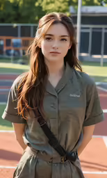 a female wearing a shirt and belt is posing in front of some grass