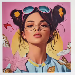an illustrated picture of a woman wearing eyeglasses, with flowers and feathers around her neck