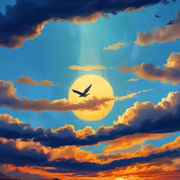 the sun is shown behind the clouds as an airplane flies above,the sun shining brightly in the sky with clouds and an airplane flying above