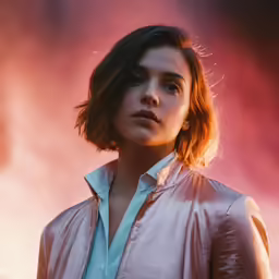 a young woman in a pink shirt is posing for the camera