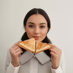 a woman holds slices of toast with her hands