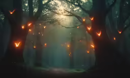 a group of fireflies hanging from trees in a forest
