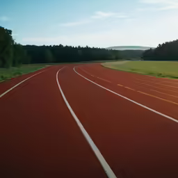 an empty road with lanes surrounded by trees and grassy field