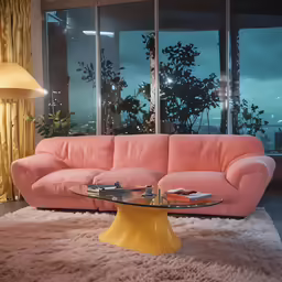 a living room with a couch and a glass coffee table in front of a view