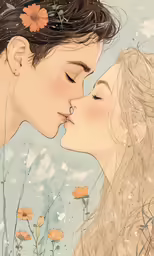 a man and woman kissing in front of a sky