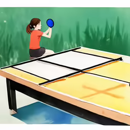 a little girl plays ping pong on the floor
