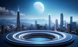 an futuristic city with the moon and blue sky in the background