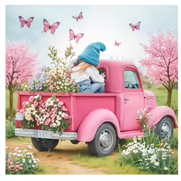 a child sits in the bed of an old pink truck