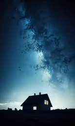 the silhouette of a house on a hilltop under a night sky with stars and stars