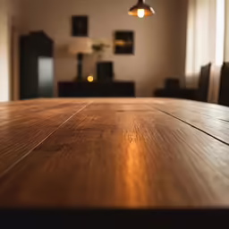a wooden table with a large table top on a room floor