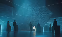 several people stand in a dimly lit room in dark lighting