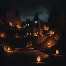 a view of a castle at night with lights on the walkway