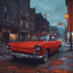an old classic car is parked in the street,an old fashion red car is on the street