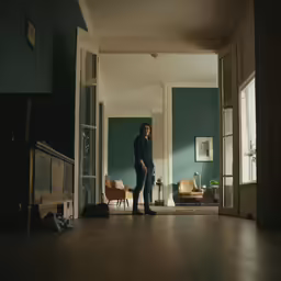 a man in the middle of a living room standing in a doorway