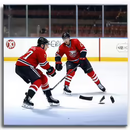 two men are playing hockey and one man is preparing to make the shot