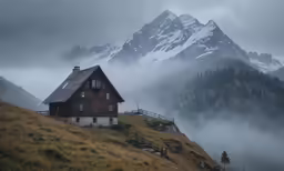 an old cabin in the mountains is covered by fog
