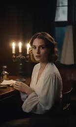 a woman sitting in a chair and a desk with many candles