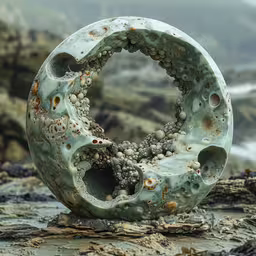 a circular sculpture with various rusted and worn metal material,an abstract sculpture consisting of blue and brown parts
