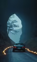 a car driving down the road in the middle of darkness