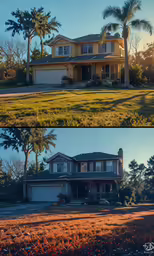 two side by side photos of a house and trees
