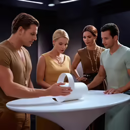 a group of people looking at a white table