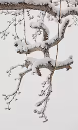 snow on the branches of tree with snow falling on top