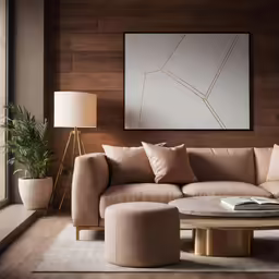 a room with a couch and ottoman near a window
