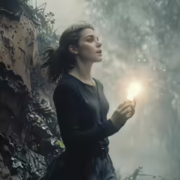 a woman holding an item in a dark forest