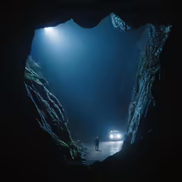 a man stands in an underground cave, while the light shines brightly
