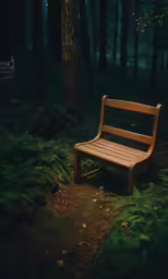 a wooden bench surrounded by grass and trees