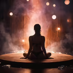 a woman sitting on top of a wooden table surrounded by lights